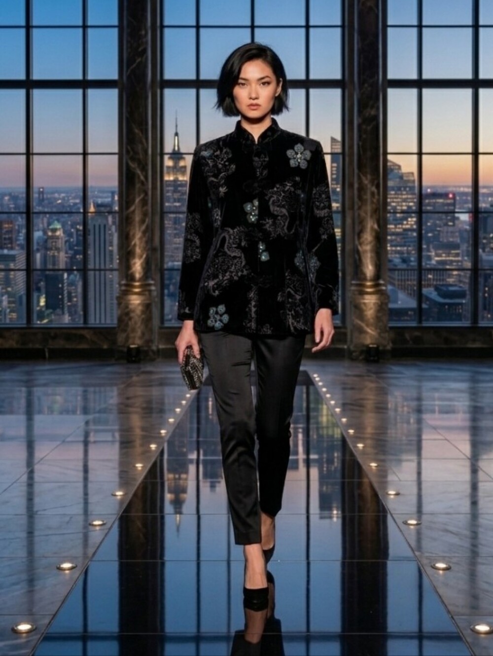 Passion Black Silk Velvet  Embellished Mandarin Collar Toggle Knot